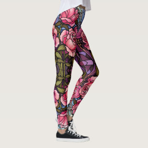 Stain Glass Pink Roses Leggings - Pretty