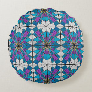 Stain Glass Ray Blue and Purple Round Cushion