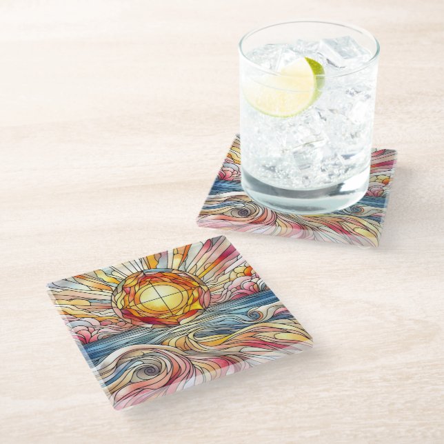 Stain Glass Sunset Ocean  Glass Coaster (Angled)
