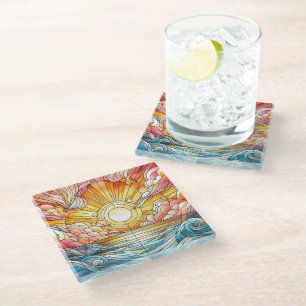 Stain Glass Warm Sunset  Glass Coaster
