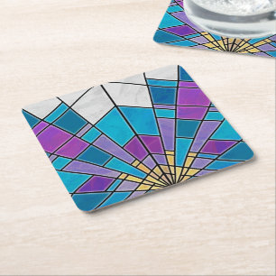 Stain Glass with Blue and Purple Angle Pattern Square Paper Coaster