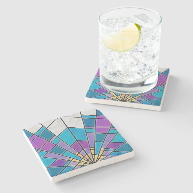 Stain Glass with Blue and Purple Angle Pattern Stone Coaster (Side)