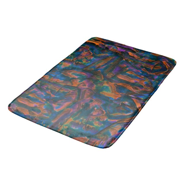 Stained and dented blue shades of aged copper bath mat (Angled)