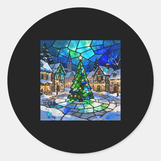 Stained Gl Christmas Tree Winter Village Holiday A Classic Round Sticker (Front)