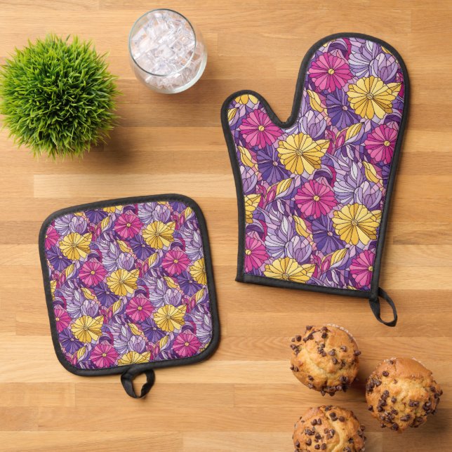 Stained Glass Abstract Purple Yellow Pink Oven Mitt & Pot Holder Set (Top Down)