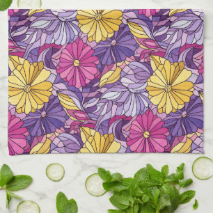 Stained Glass Abstract Purple Yellow Pink Tea Towel
