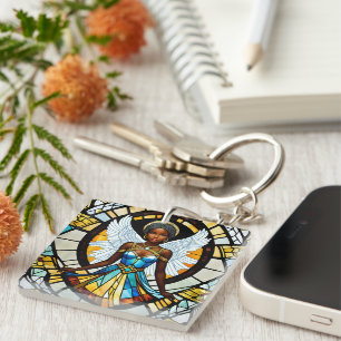 Stained Glass African American Angel Illustration Key Ring