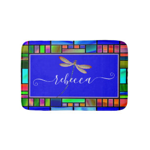 Stained glass and dragonfly personalised bath mat