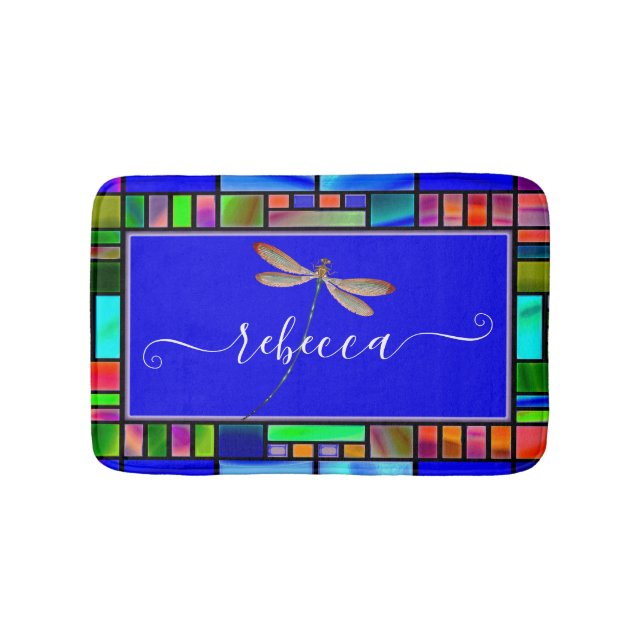 Stained glass and dragonfly personalised  bath mat (Front)
