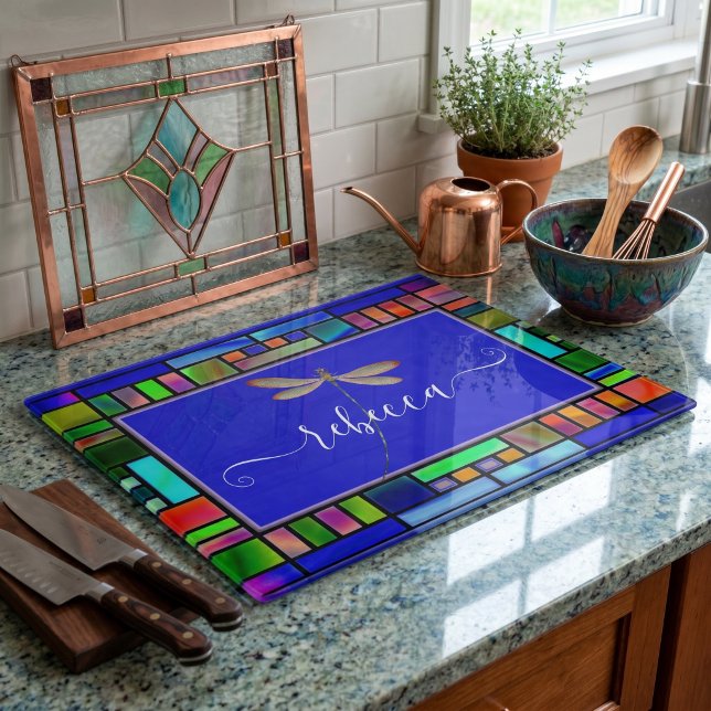 Stained glass and dragonfly personalised  cutting board (Creator Uploaded)