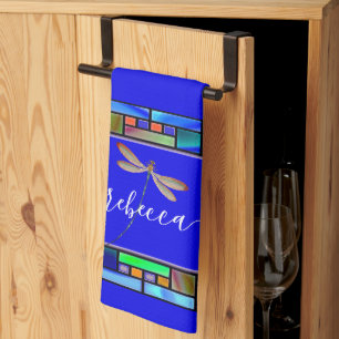 Stained glass and dragonfly personalised kitchen tea towel