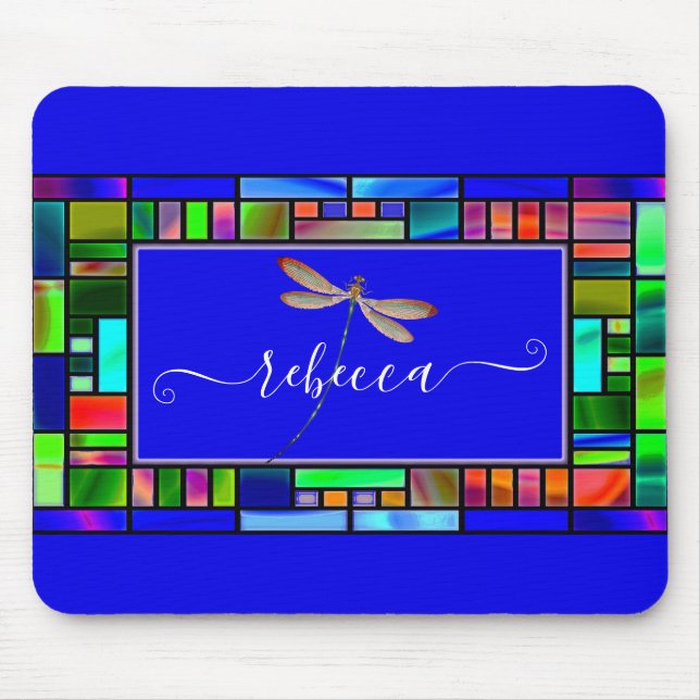 Stained glass and dragonfly personalised  mouse pa pad (Front)