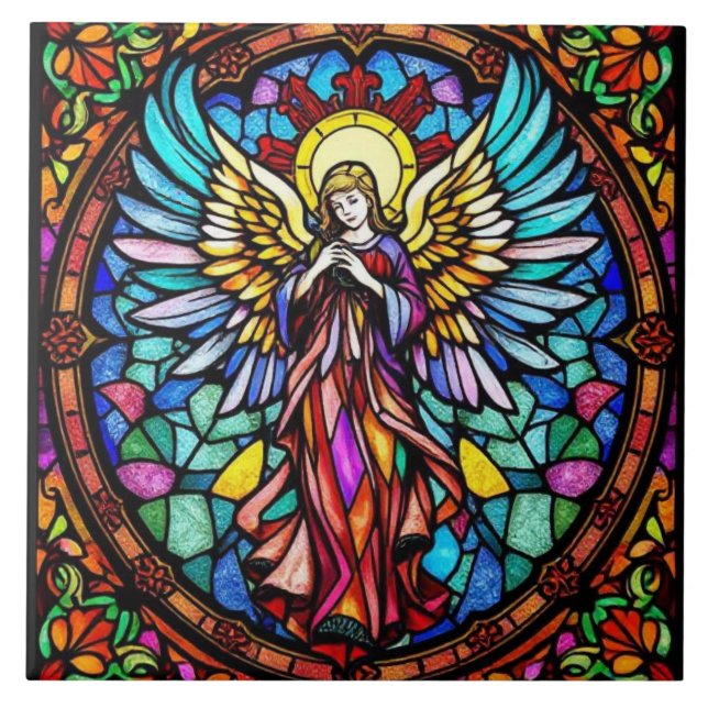 Stained Glass Angel Art | Spiritual & Religious Ceramic Tile (Front)