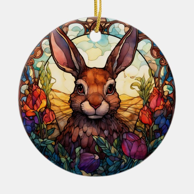Stained Glass animal - Rabbit illustration Ceramic Ornament (Front)