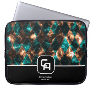 Stained Glass Aqua Gold Monogram  Laptop Sleeve