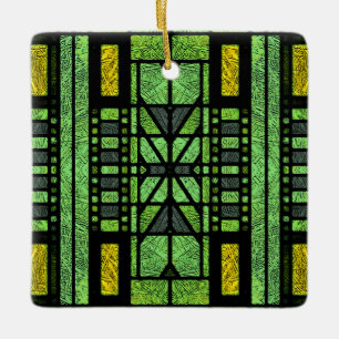 Stained Glass Art Deco in Green and Gold Ceramic Ornament