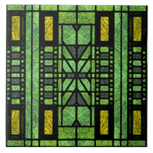Stained Glass Art Deco in Green and Gold Ceramic Tile