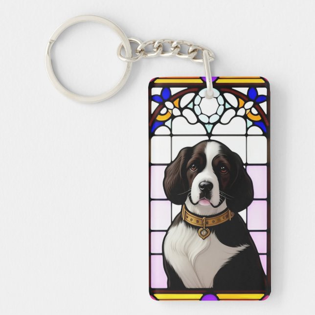 Stained Glass Art Featuring a Dog Portrait Key Ring (Front)