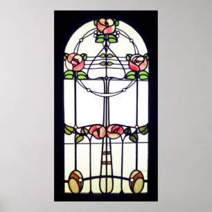 Stained glass art nouveau floral window poster