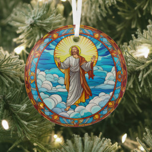 Stained Glass Art of Jesus Walking on Clouds Glass Tree Decoration