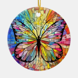 Stained Glass Art, Rainbow Butterfly Stained Glass Ceramic Ornament
