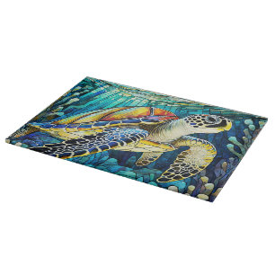 Stained glass art sea turtle cutting board