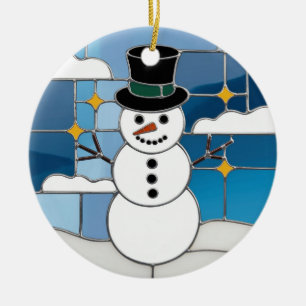 Stained Glass Art, Snowman Stained Glass Ceramic Ornament
