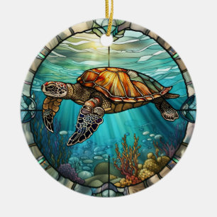 Stained Glass Art, Stained Glass Sea Turtle  Ceram Ceramic Ornament