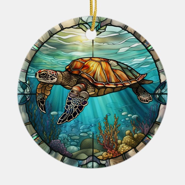 Stained Glass Art, Stained Glass Sea Turtle  Ceram Ceramic Ornament (Front)