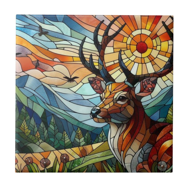 Stained Glass Art, Stained Glass Style Deer Art Ceramic Tile (Front)