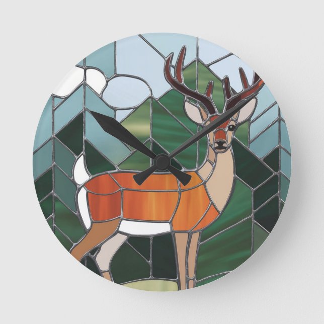 Stained Glass Art, Stained Glass Style Deer Art Round Clock (Front)