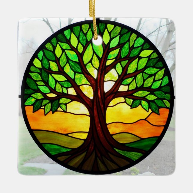 Stained Glass Art, Tree of Life Stained Glass  Ceramic Ornament (Front)