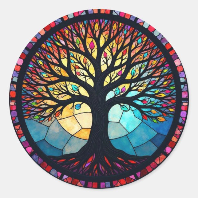 Stained Glass Art, Tree of Life Stained Glass  Classic Round Sticker (Front)