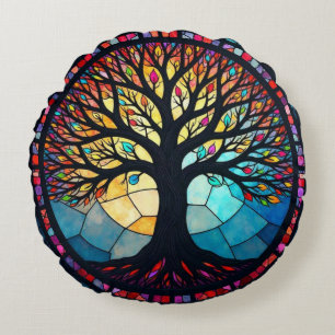 Stained Glass Art, Tree of Life Stained Glass  Round Cushion