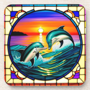 Stained Glass Art with Dolphins Leaping at Sunset Coaster