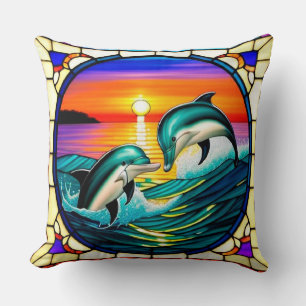 Stained Glass Art with Dolphins Leaping at Sunset Cushion