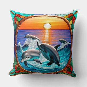 Stained Glass Art with Dolphins Leaping at Sunset Cushion