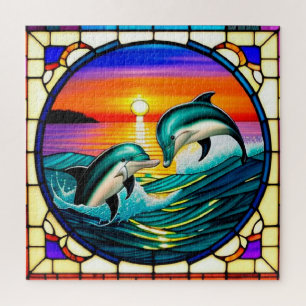 Stained Glass Art with Dolphins Leaping at Sunset Jigsaw Puzzle