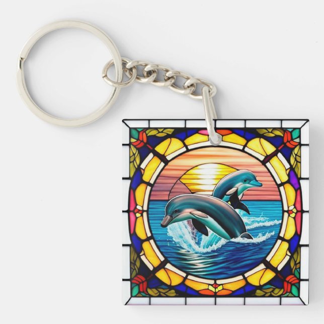 Stained Glass Art with Dolphins Leaping at Sunset Key Ring (Front)