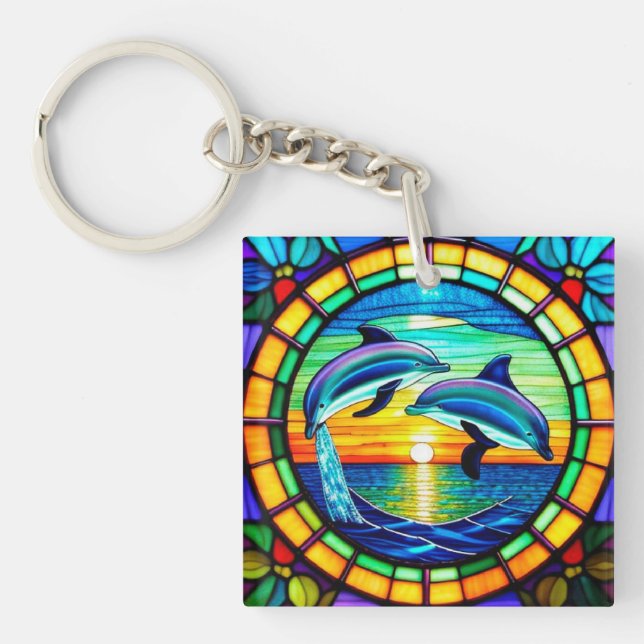 Stained Glass Art with Dolphins Leaping at Sunset Key Ring (Front)