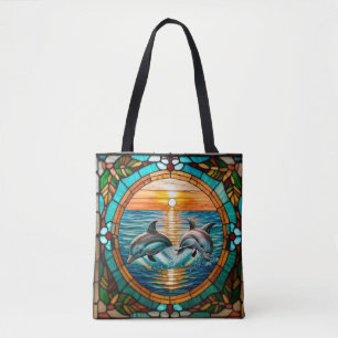 Stained Glass Art with Dolphins Leaping at Sunset Tote Bag