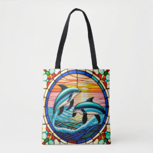 Stained Glass Art with Dolphins Leaping at Sunset Tote Bag