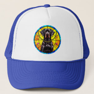Stained Glass Artwork Featuring a Black Dog Trucker Hat