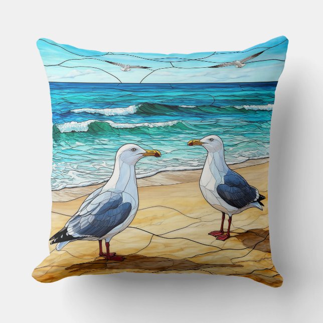 Stained Glass Artwork of Seagulls on a Beach Cushion (Front)