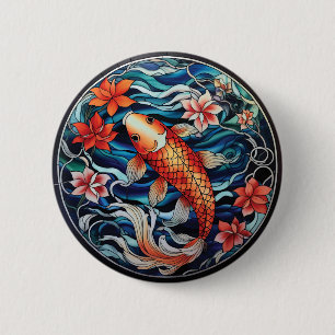 Stained Glass Asian Style Koi Fish and Camellias 6 Cm Round Badge