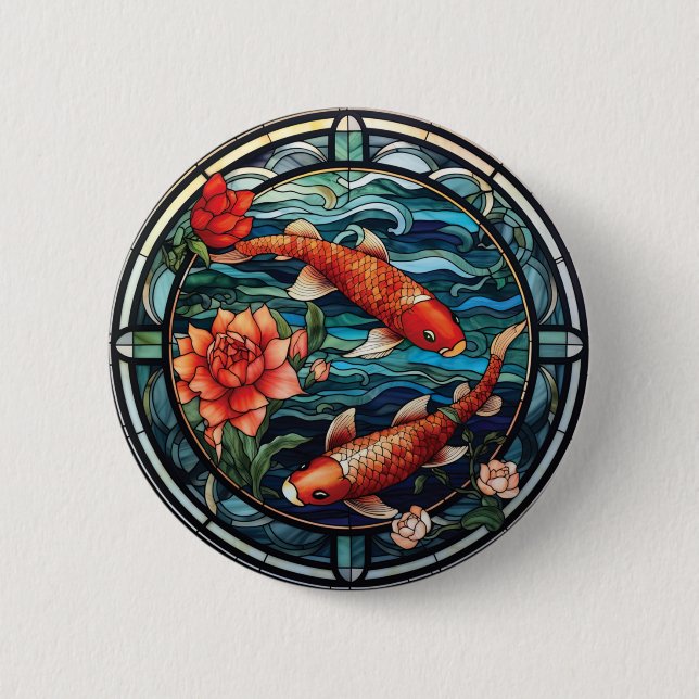 Stained Glass Asian Style Koi Fish and Camellias 6 Cm Round Badge (Front)