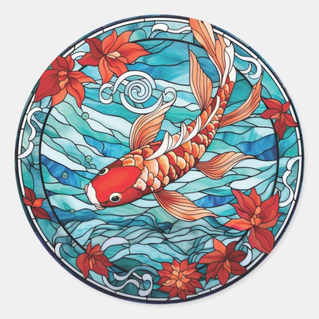 Stained Glass Asian Style Koi Fish and Camellias Classic Round Sticker (Front)