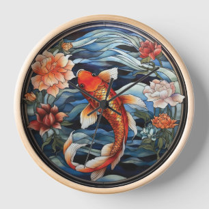Stained Glass Asian Style Koi Fish and Camellias Clock