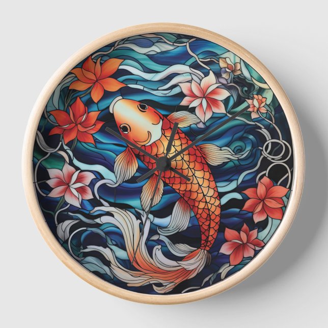 Stained Glass Asian Style Koi Fish and Camellias Clock (Front)