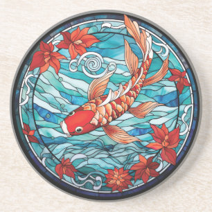 Stained Glass Asian Style Koi Fish and Camellias Coaster